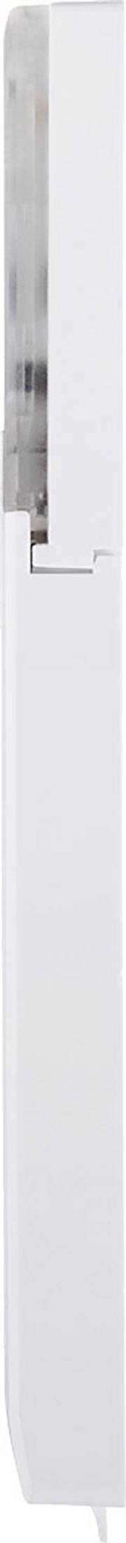 Pictured is a white cover plate, possibly part of an electrical or mechanical device, side view.