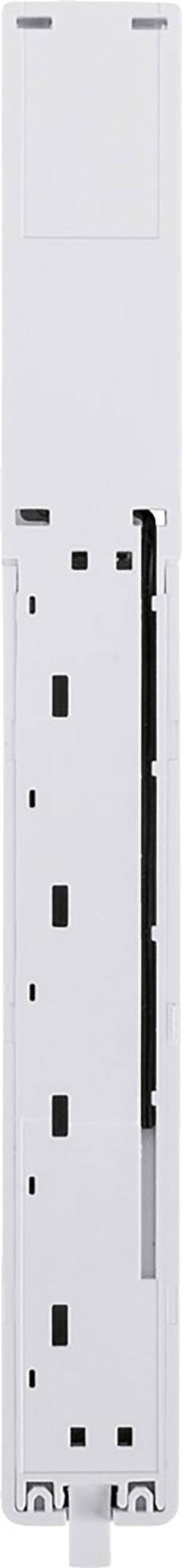 A long, white plastic strip with rectangular and circular cut-outs, vertical lines, and a locking mechanism at the end.