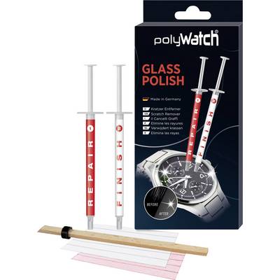 The 'Polywatch Glass Polish' Set consists of two syringes with repair gel, a wooden stick, and polishing cloths. For removing scratches from watches.