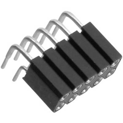 A black, rectangular electronic connector with multiple angled metal pins.