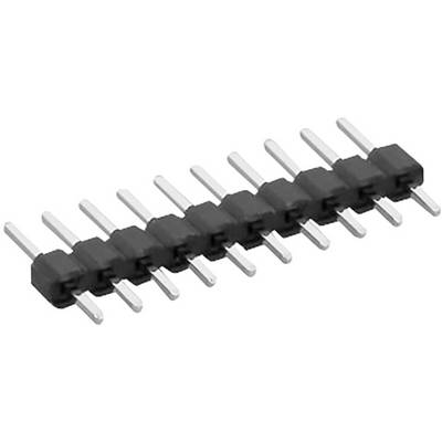A row of black plastic connectors on a circuit board. Each connector has two metal pins for electrical connection.