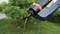 A tap with a black and orange design sprays water onto green plants in the background, demonstrating irrigation.