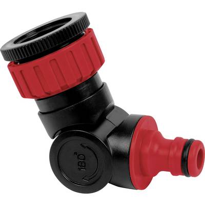 Black angle adapter with red twist locks, 180-degree labelling, for hose connections in garden irrigation.