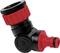 Black angle adapter with red twist locks, 180-degree labelling, for hose connections in garden irrigation.