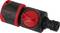 A black and red hose connector with a rotary valve for water flow control.