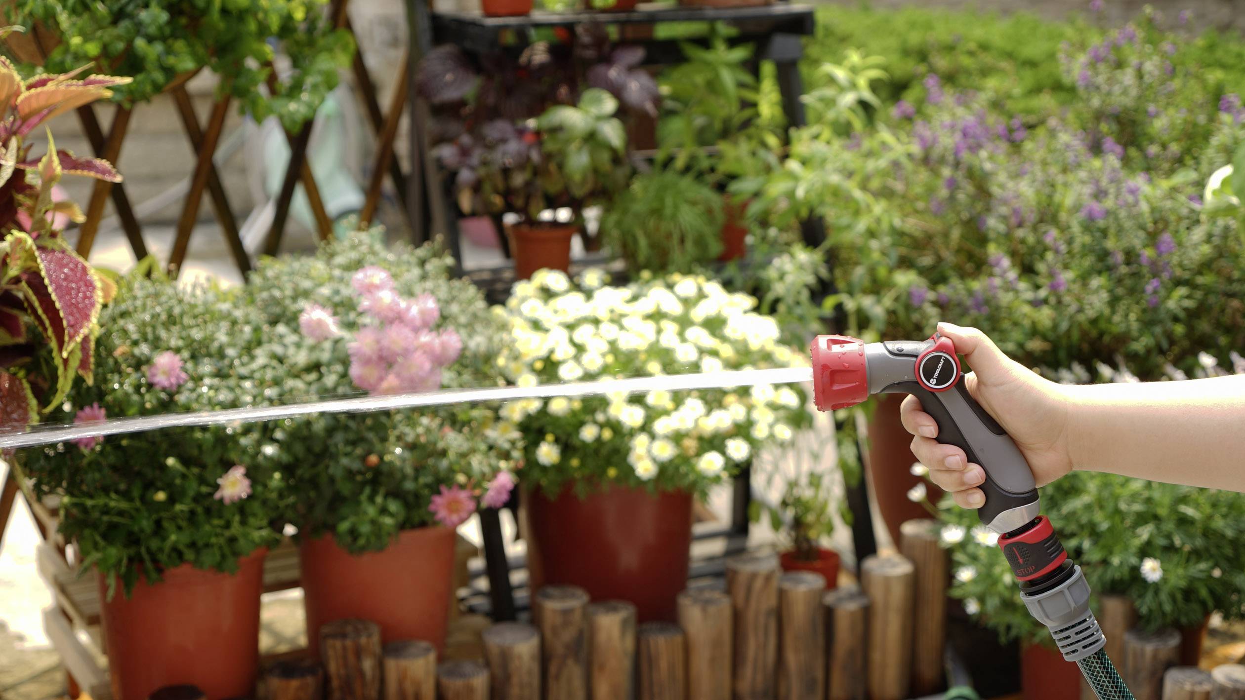 A person is watering a variety of potted plants in a garden with a hosepipe.