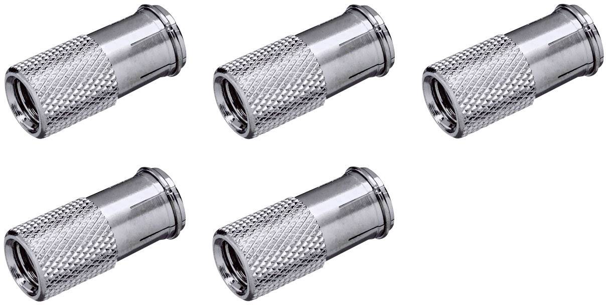 Five silver coaxial plugs with a ribbed surface, lying parallel to each other.