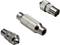 Three coaxial plugs in silver, symmetrically arranged. The central plug has a smooth, cylindrical design with a ribbed central section.