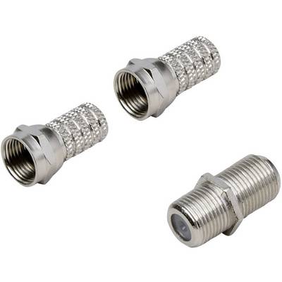 Three coaxial connectors: two F connectors on top, one male and one female, along with a coupling piece below.