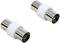 Two coaxial cable connectors made of metal with white plastic housing, lying side by side. They are used for cable connection.