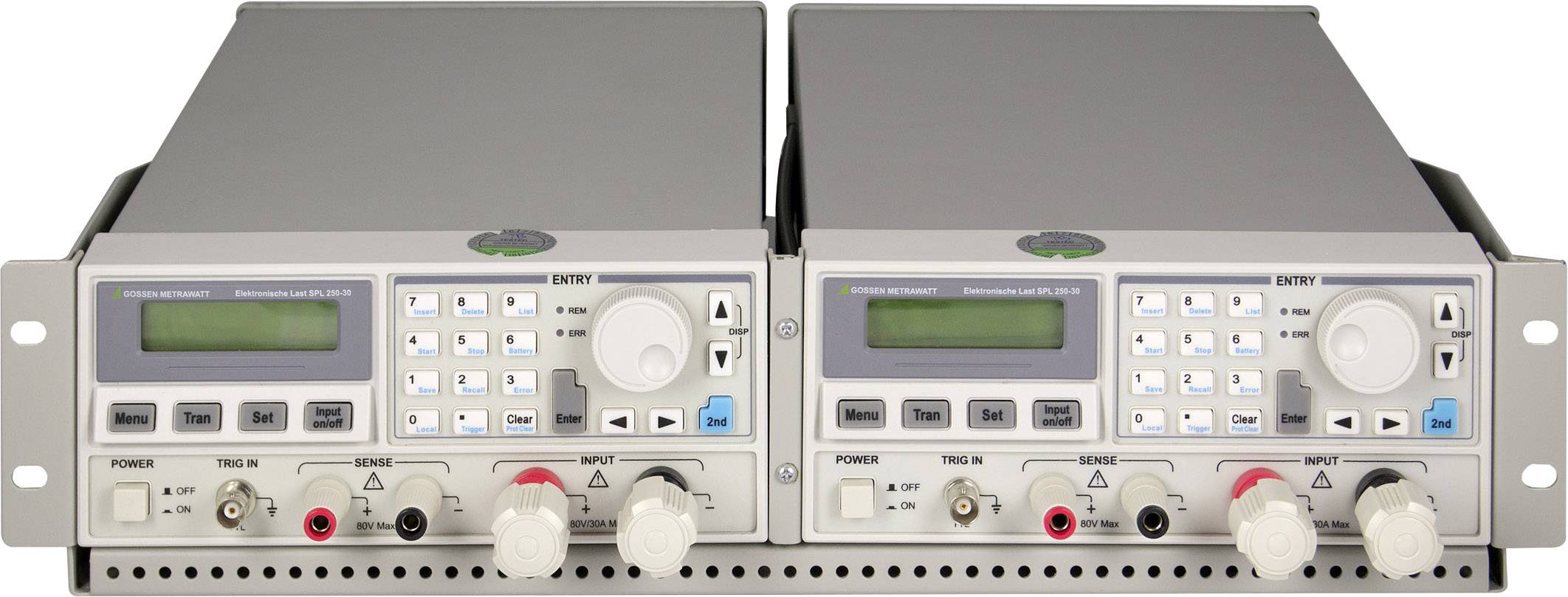 Two adjacent laboratory power supplies with digital displays and controls.