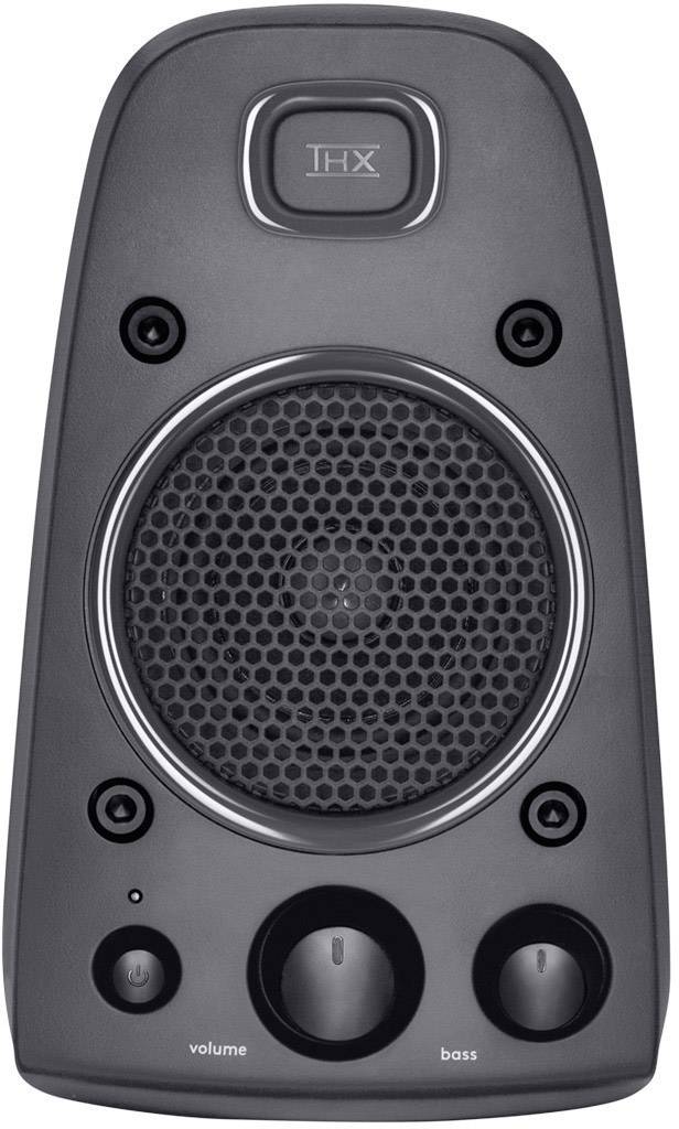 Black speaker with volume and bass controls, two upper speakers, and a large central membrane with THX logo on top.