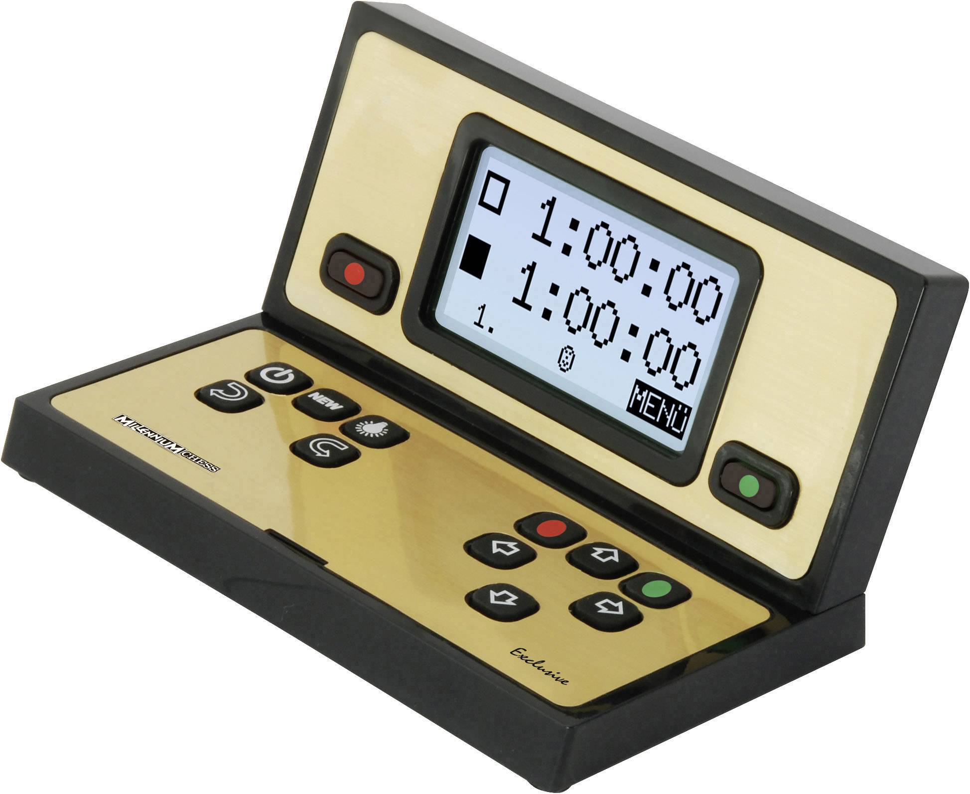 An electronic chess timer with two digital displays shows a countdown time. Control buttons are visible underneath.