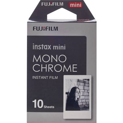 Fujifilm instax mini Monochrome Instant Film Pack with 10 Sheets. Shows a woman in front of a brick wall in a sample image.