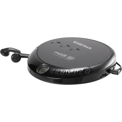 Black portable CD player by Basstech, MP3-compatible, with headphones and control buttons on the front.