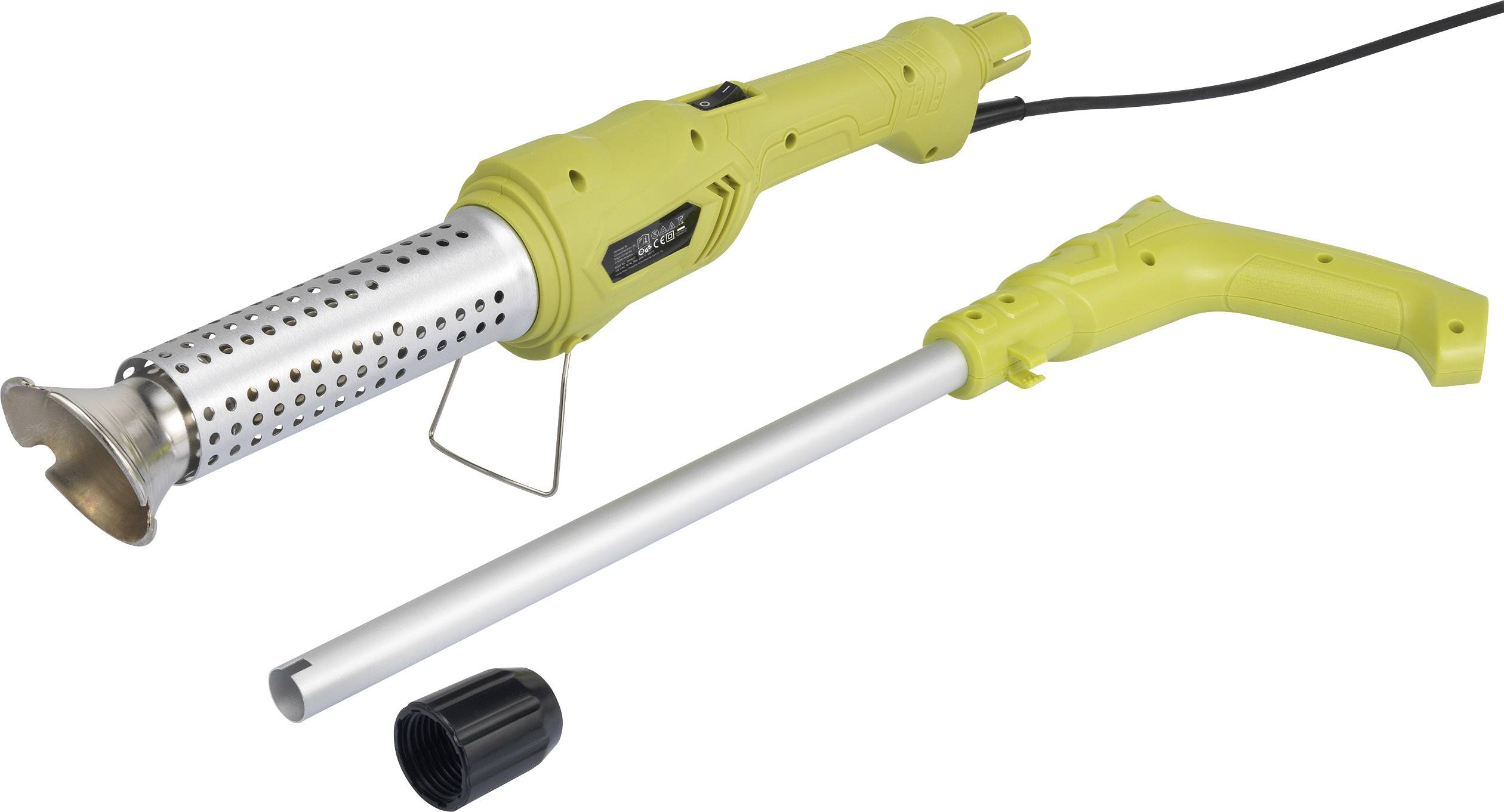 A yellow electric weed-burning device with a removable long pipe and ventilation slot. Suitable for killing weeds by heat.