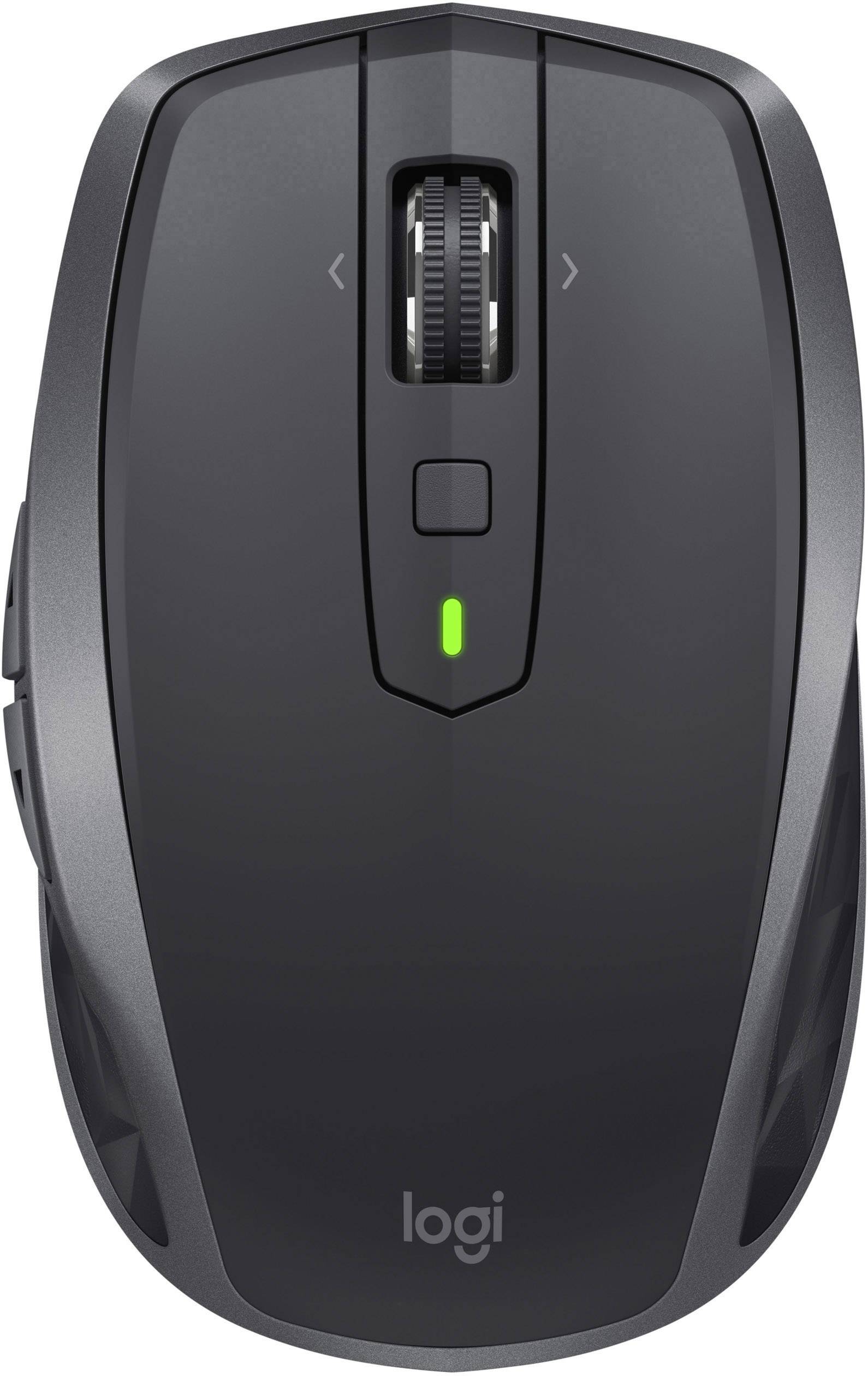 Wireless black computer mouse with a scroll wheel and a glowing green light at the front.