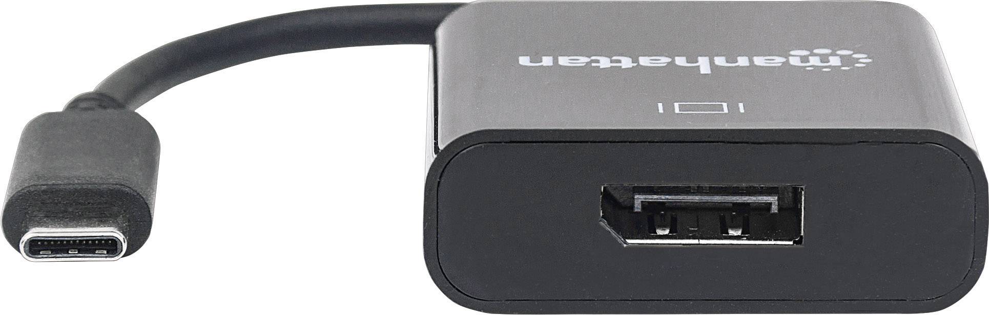 'Manhattan' USB-C to DisplayPort Adapter in Black. Shows a USB-C socket and a DisplayPort socket for connecting devices.