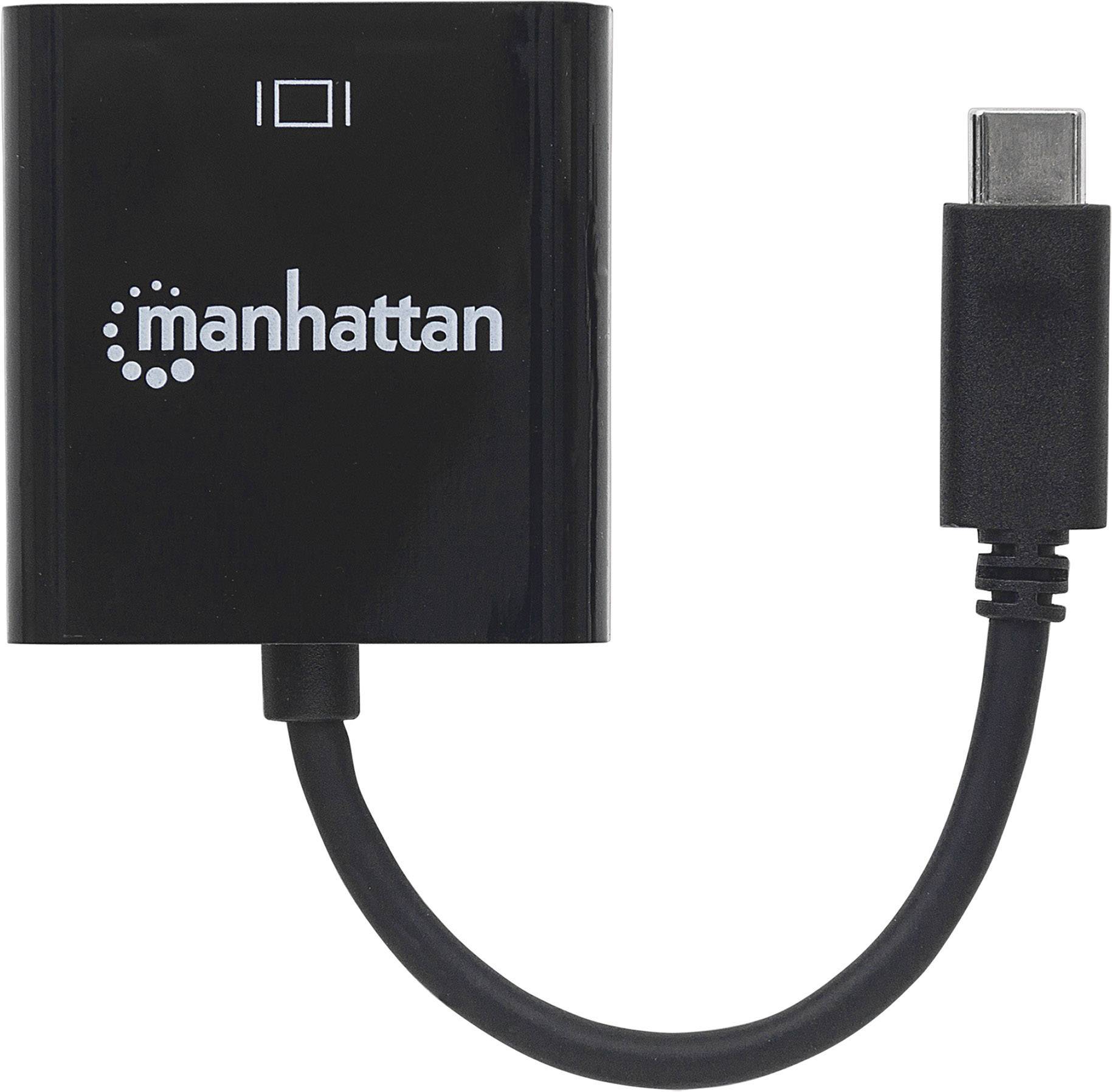 Black Manhattan HDMI adaptor cable with USB-C plug. Connects devices for video and audio transmission.