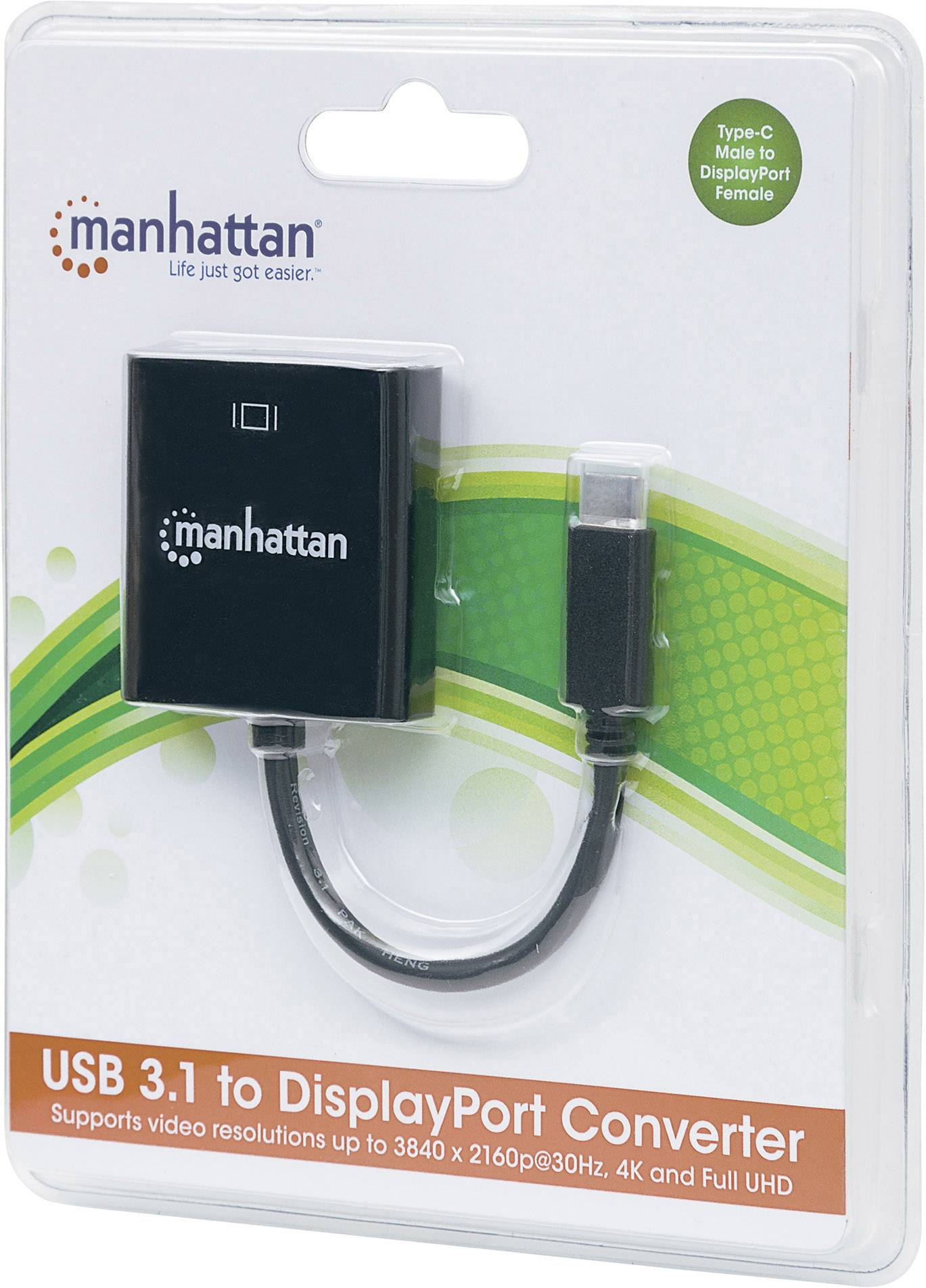 'Manhattan USB 3.1 to DisplayPort Converter' in packaging. Converts USB Type-C signals to DisplayPort signals. Supports 4K, Full UHD.
