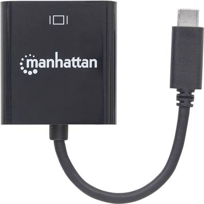 A black adapter with the 'manhattan' print converts HDMI to USB-C.