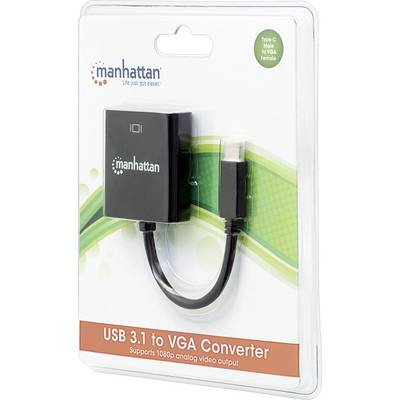 Packaging for a Manhattan USB 3.1 to VGA converter, suitable for 1080p video output, with USB-C connection.