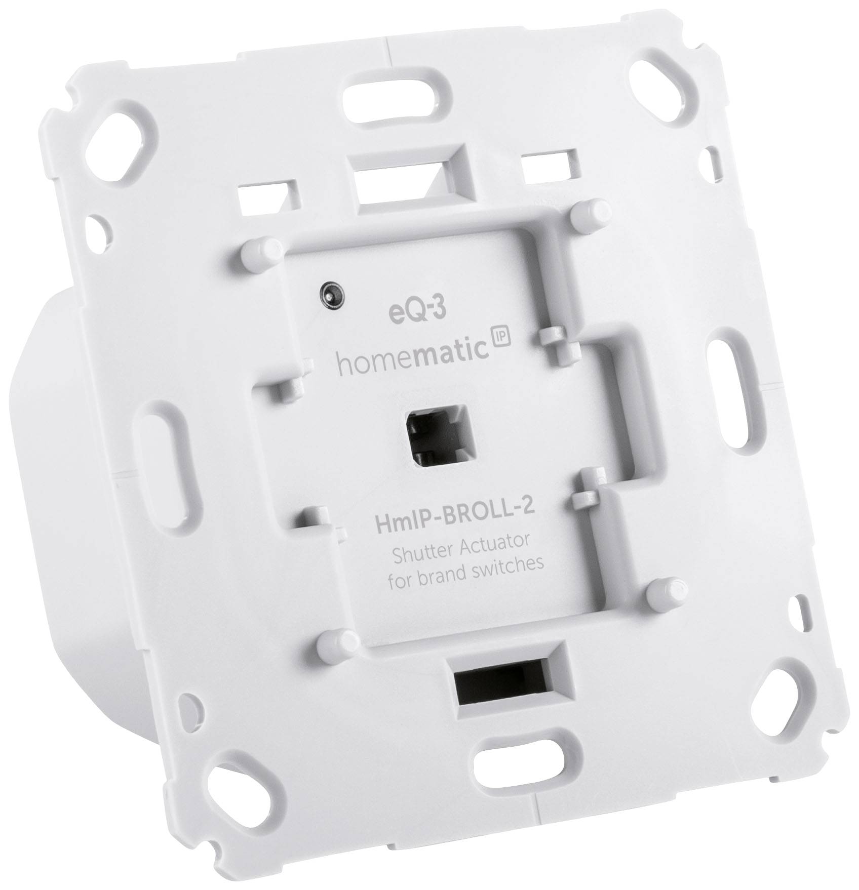 Homematic IP flush-mounted roller shutter actuator for controlling brand switches. Suitable for installation in European switch boxes.