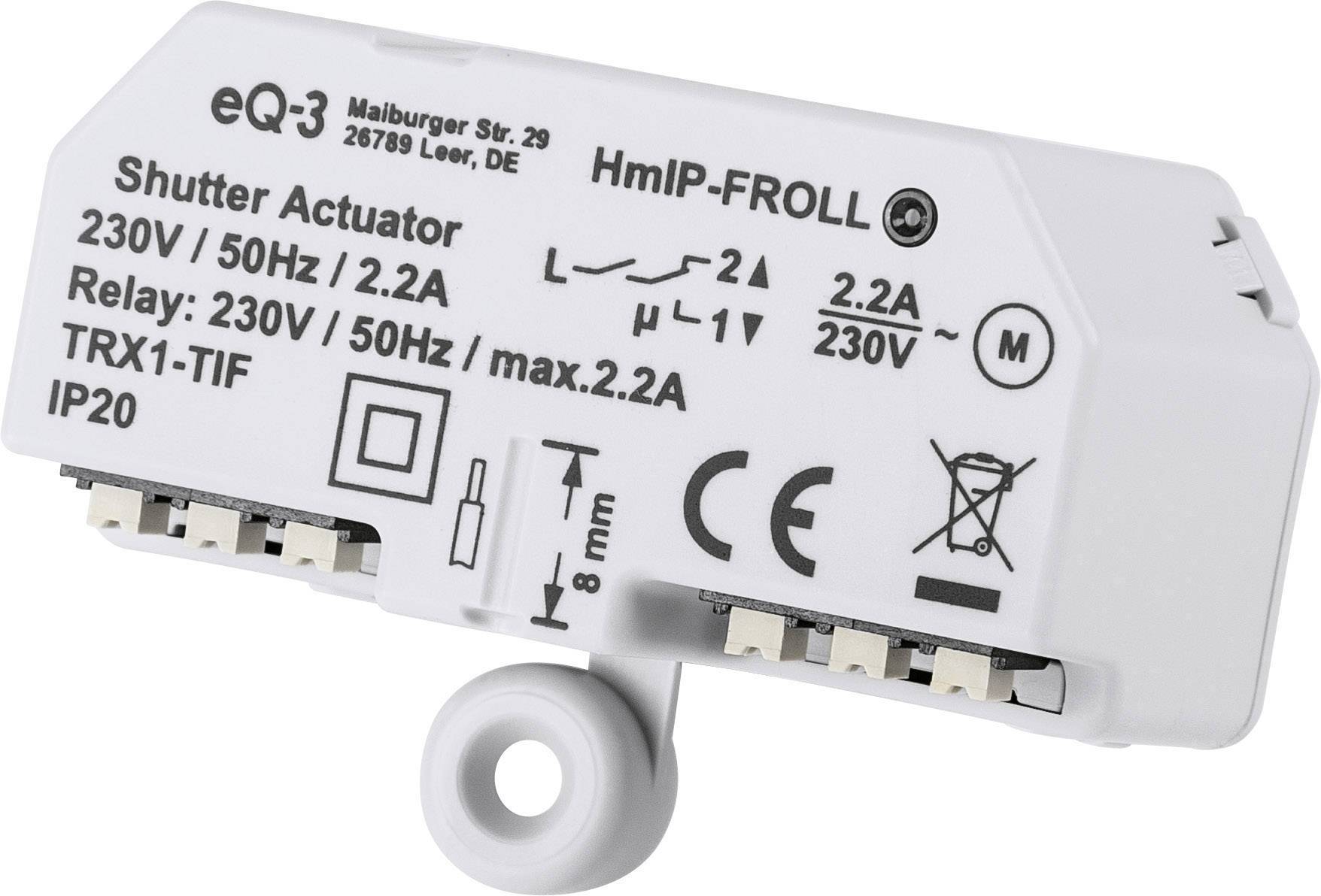 'Shutter Actuator' by eQ-3, Model HmIP-FROLL, for 230V/50Hz, max. 2.2A. White housing with multiple connections and CE marking.