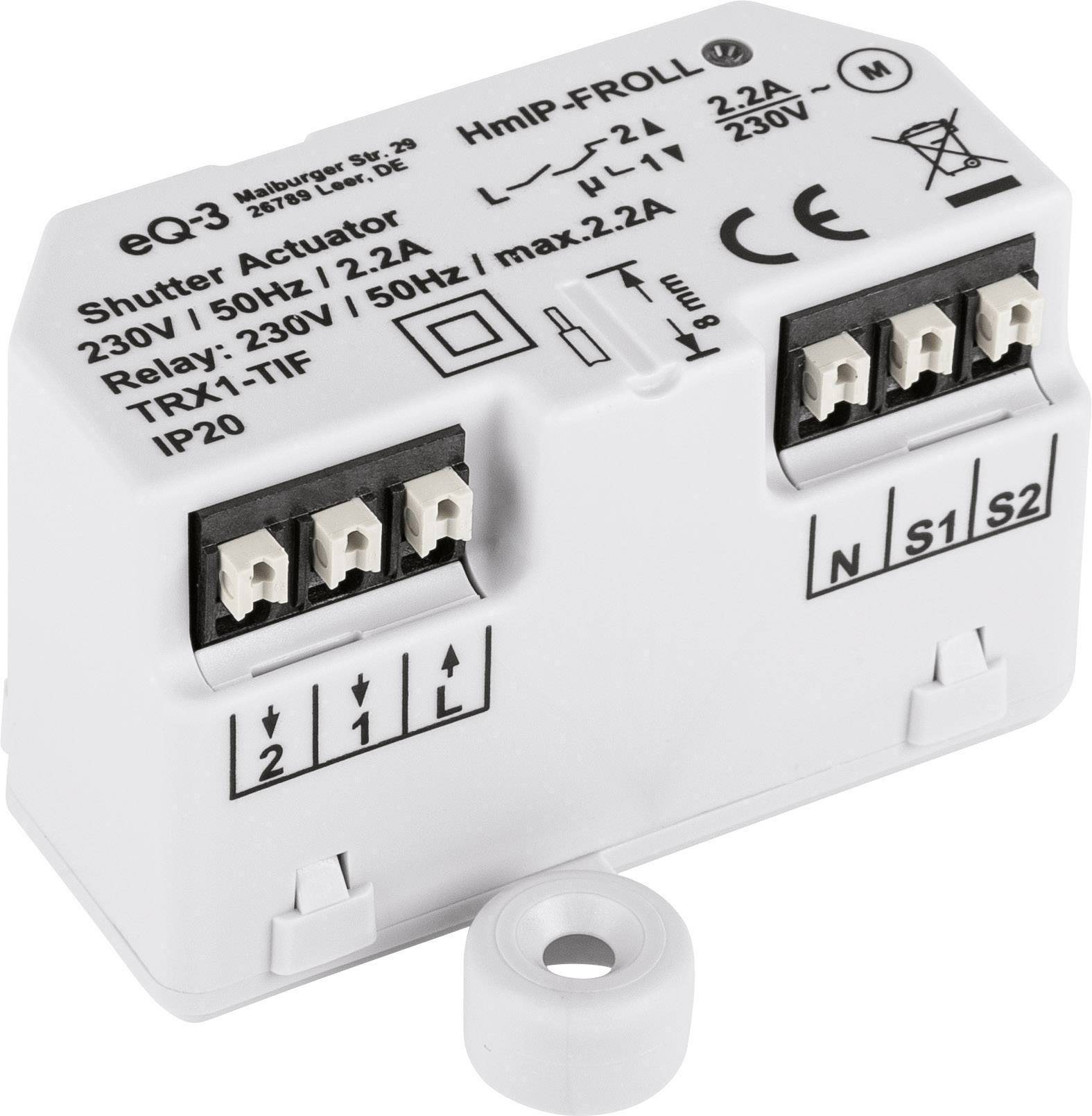 A white blind actuator from eQ-3 for electrical control, 230V, 50Hz. Housing with symbols and connections, suitable for indoor installation.