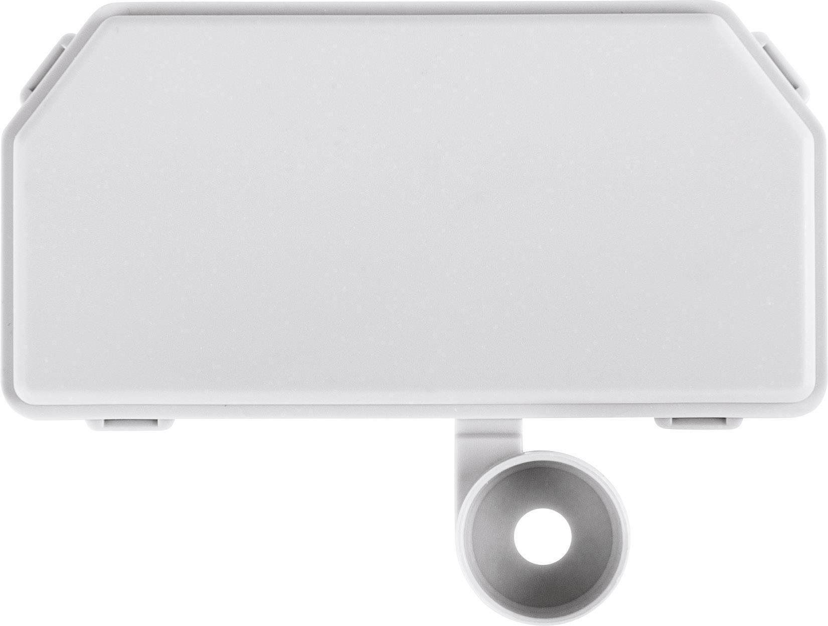 Grey, rectangular plastic container with a round tube on the underside, top view.