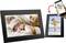 Digital photo frame with a photograph of a sleeping baby next to a teddy bear. Beside it, a smartphone displaying an image of a child on the beach.