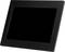 A digital photo frame with a black border and an empty display, standing on a white surface.