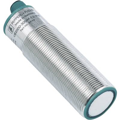 Cylindrical sensor by Pepperl+Fuchs, Model No. UB2000-30GM-E2-V1, silver-coloured, suitable for distance or position measurements.