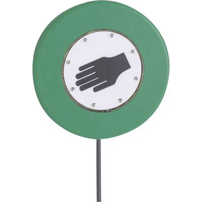 A round green traffic sign with a black hand symbol on a white background, indicating that pedestrians should wait.