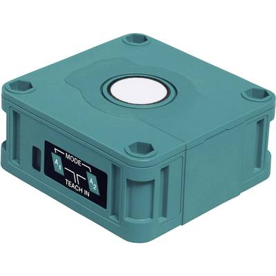 A rectangular, turquoise sensor device with a round white area on top and a mode indicator on the front.