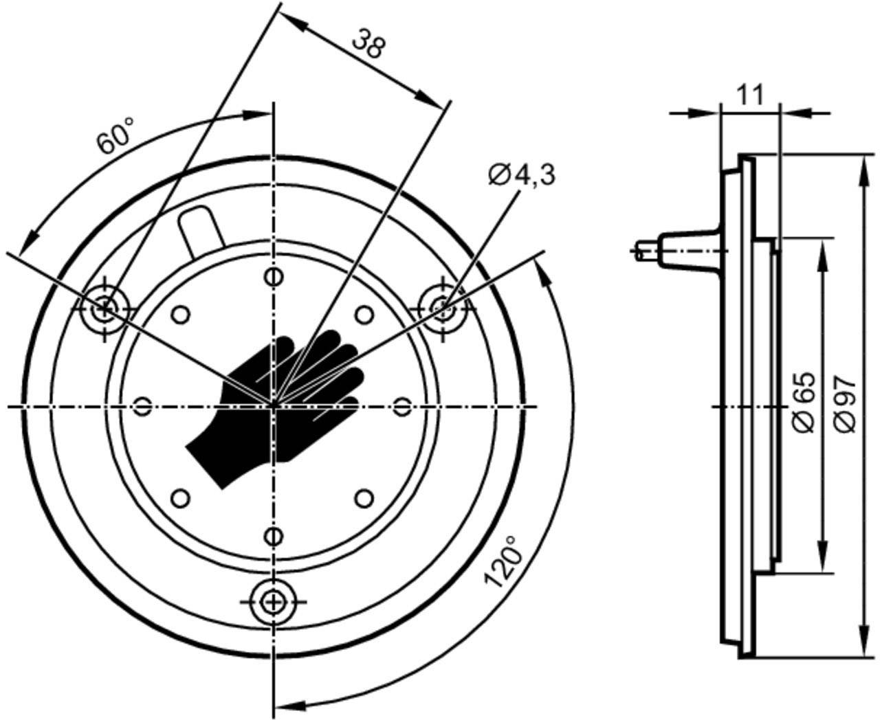 Technical drawing of a round component with dimensions. Front view shows a circle with a hand symbol, side view on the right.
