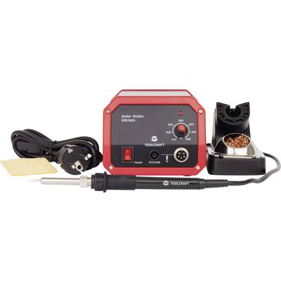 Electric soldering station with adjustable temperature display, mains cable, sponge, and stand for safe soldering work.