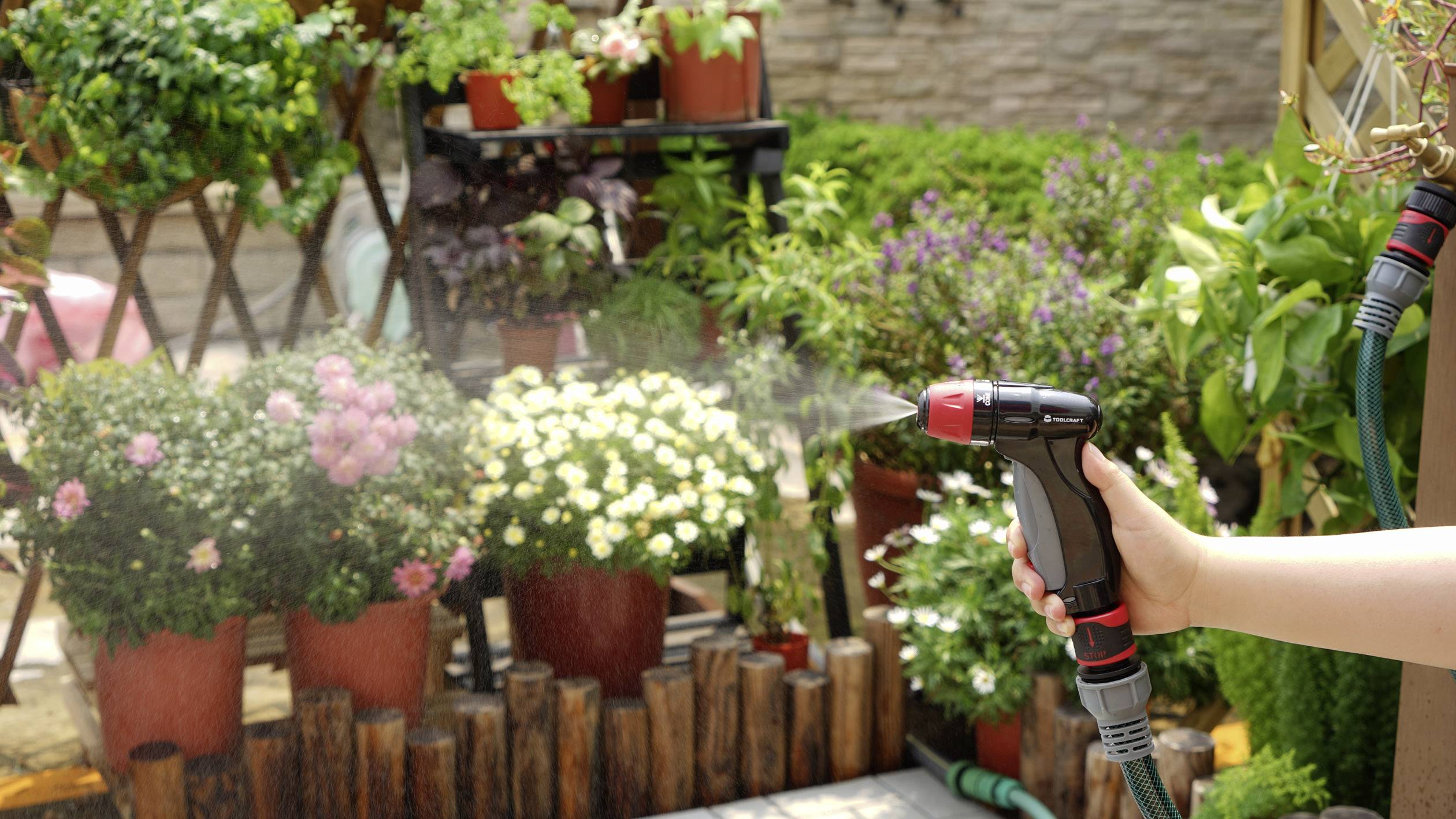 A hand holds a garden hose and waters a diverse collection of potted plants in a lush, sunny garden.