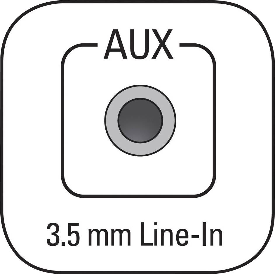 3.5 mm Line-In AUX socket shows an input for audio cables.