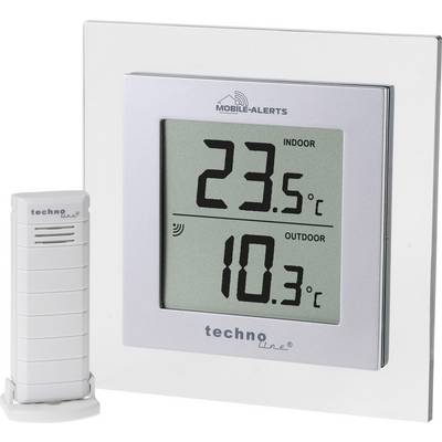 Digital thermometer shows 23.5 °C indoors and 10.3 °C outdoors. Sensor and display in a modern design.