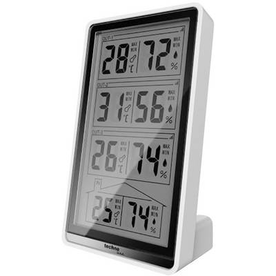 Digital Thermo-Hygrometer with three zones: 'OUT1', 'OUT2', 'OUT3'. Displays temperature and humidity with maximum and minimum readings.