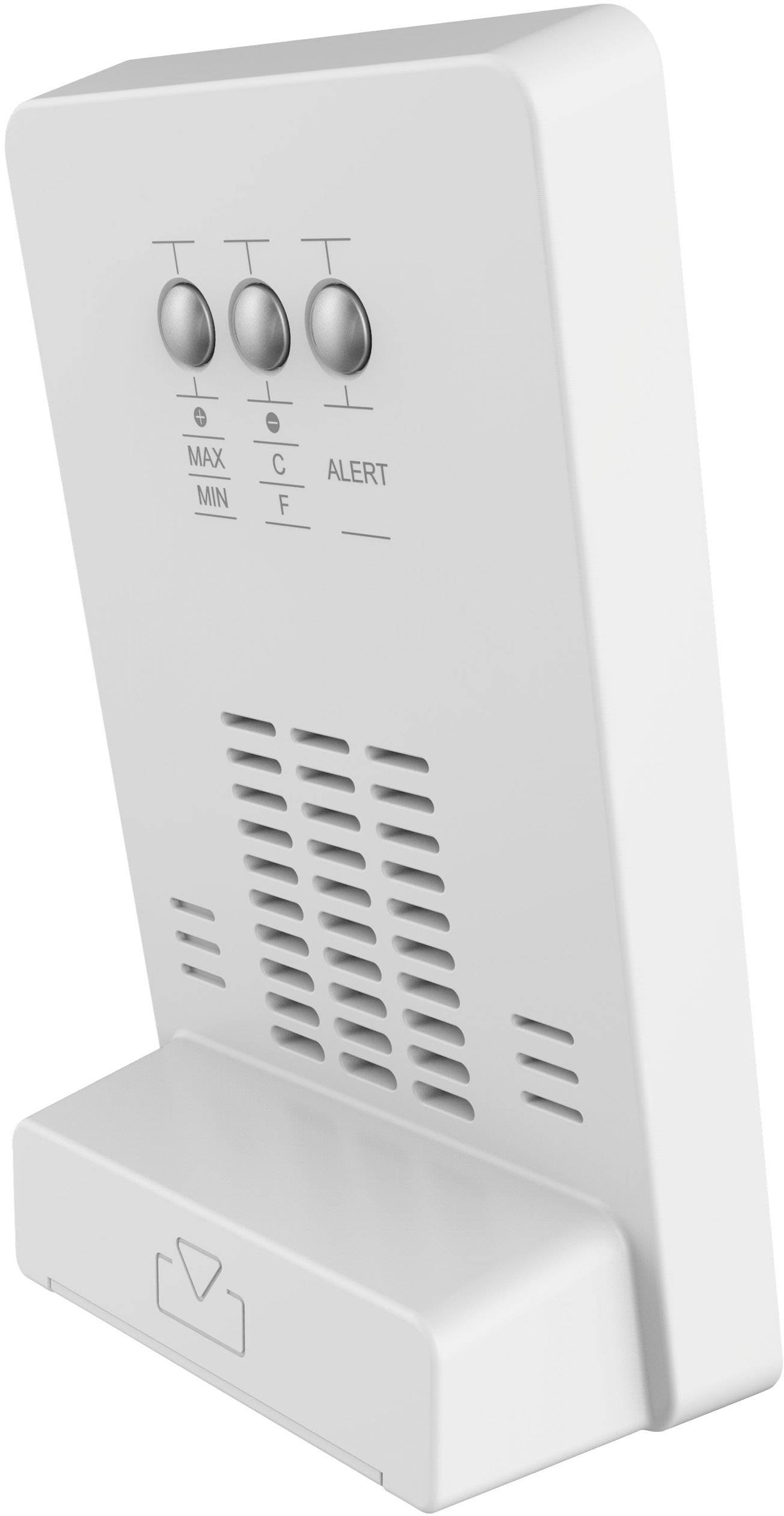 White electronic device with three buttons on top, labelled 'MAX/MIN', '°C/°F' and 'ALERT', with ventilation slots underneath.