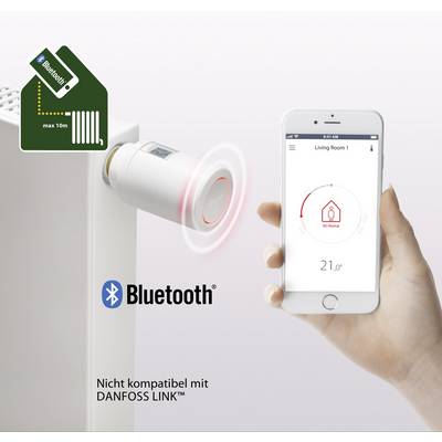 Smartphone displaying an app with room temperature of 21°C; next to it a Bluetooth heating controller with a range of 10m. 'Not compatible with DANFOSS LINK™'.
