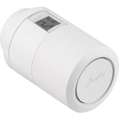White, cylindrical thermostat with a small digital display and brand name on the front, for heating control.