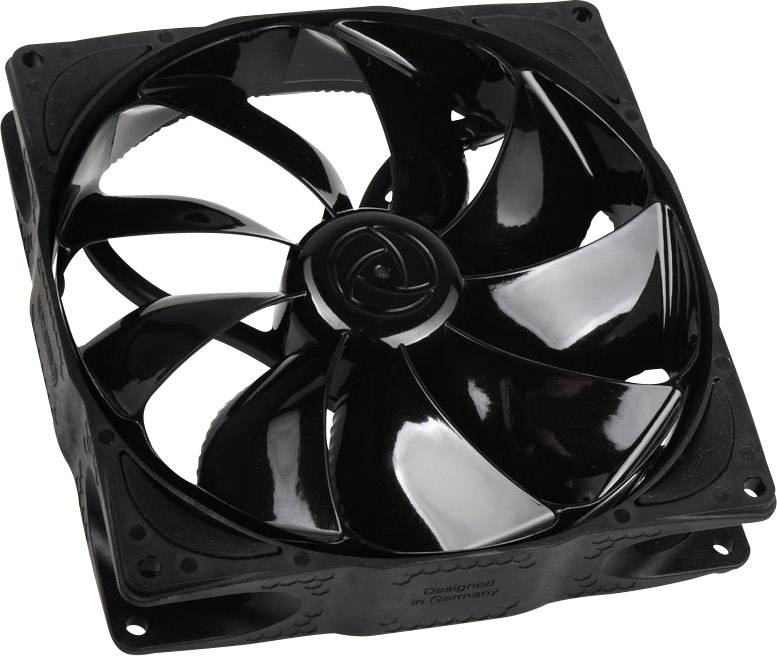 A black computer fan with multiple curved blades, mounted in a rectangular frame.