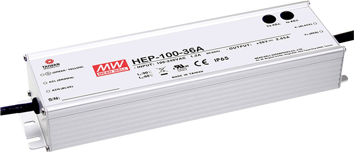 'Aluminium enclosure for MEAN WELL HEP-100-36A switch-mode power supply, input 100-305V AC, output 36V 2.8A, IP65, robust design for industrial applications.'