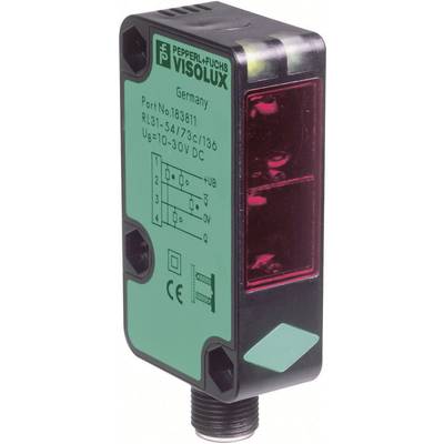 Sensor by Pepperl+Fuchs, Visolux model, typically used for industrial applications. Shows country of manufacture, part number, and electrical specifications.