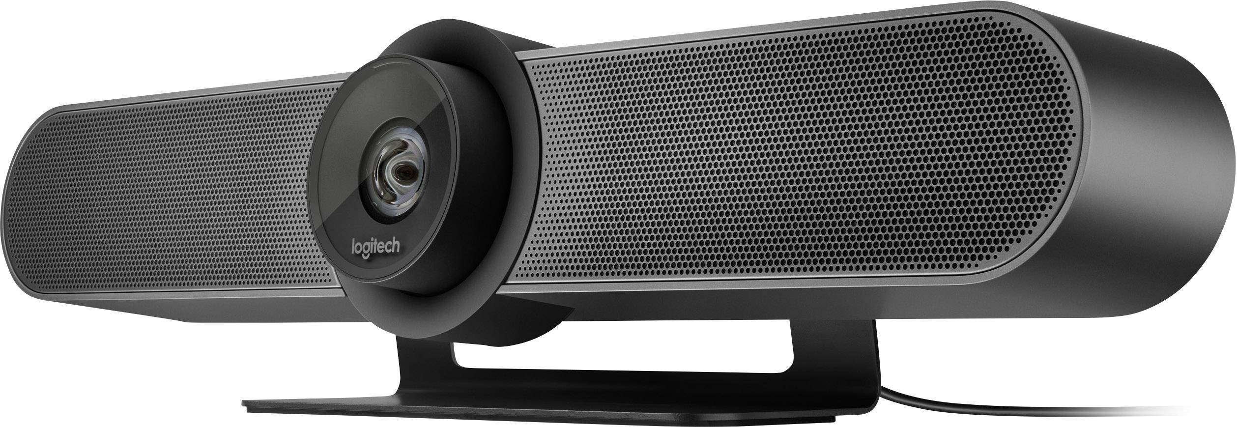 A black conference camera with a wide speaker housing and central lens, ideal for video conferences in meeting rooms.