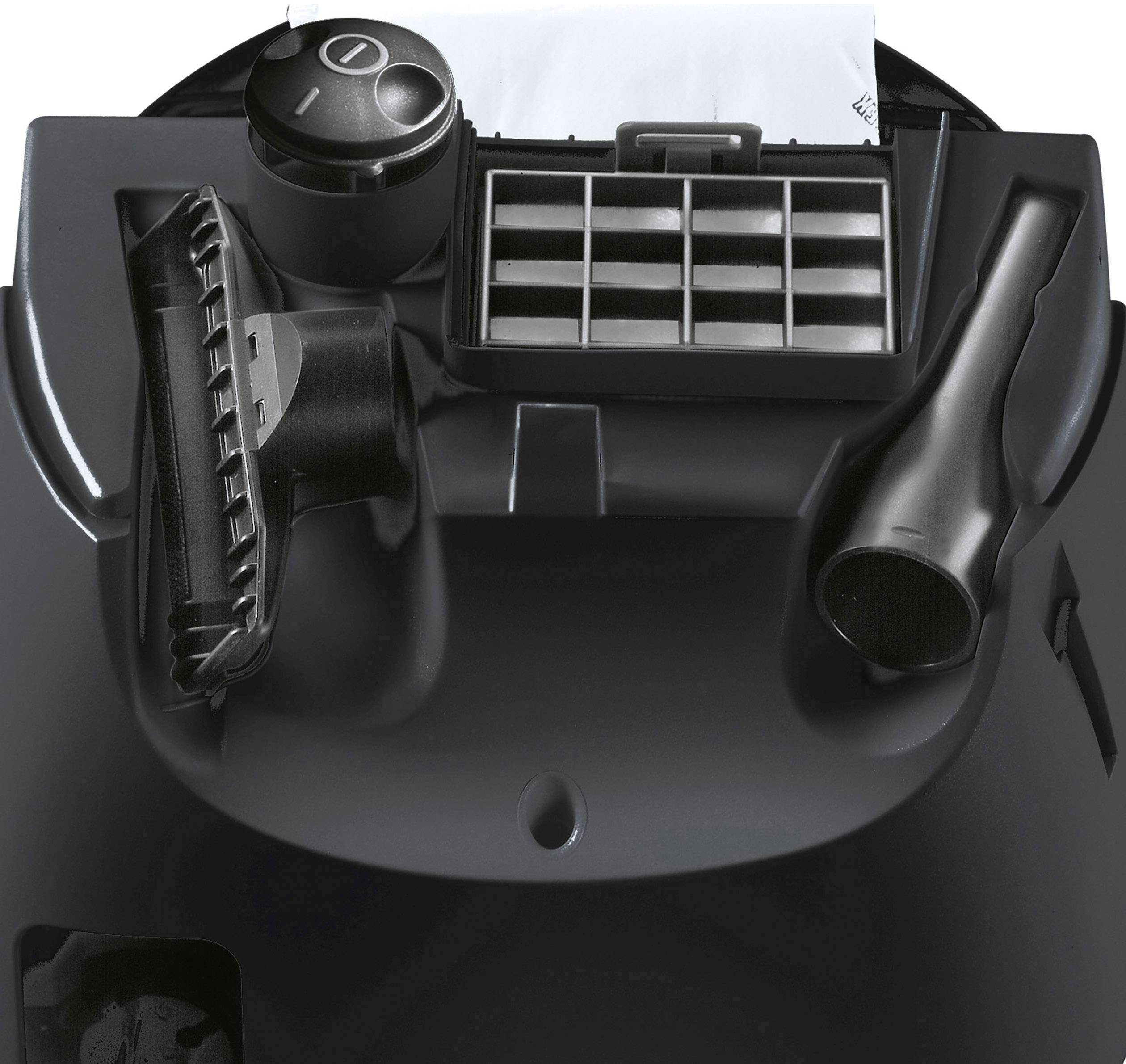 A black vacuum cleaner accessory set with nozzles, a filter, and an attachment tool.