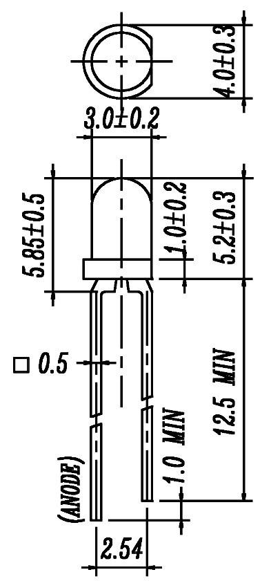 Diagram of a cylindrical component, likely an LED, with dimensional measurements in millimetres for height, diameter, and lead spacing.
